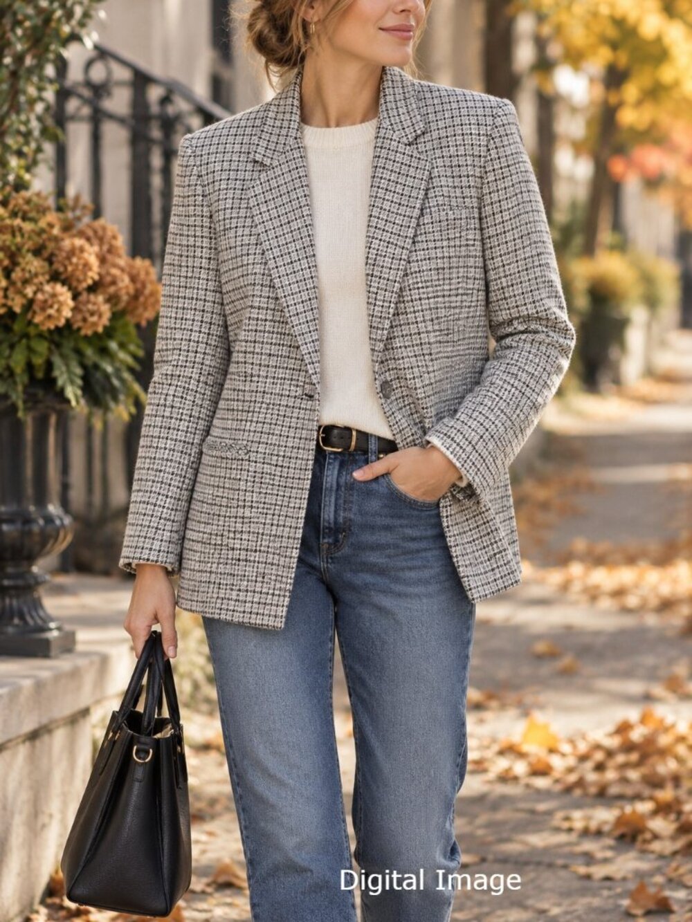 Casual Corner 100% Wool Blazer 12P Petite Houndstooth Plaid Ivory Black Gray